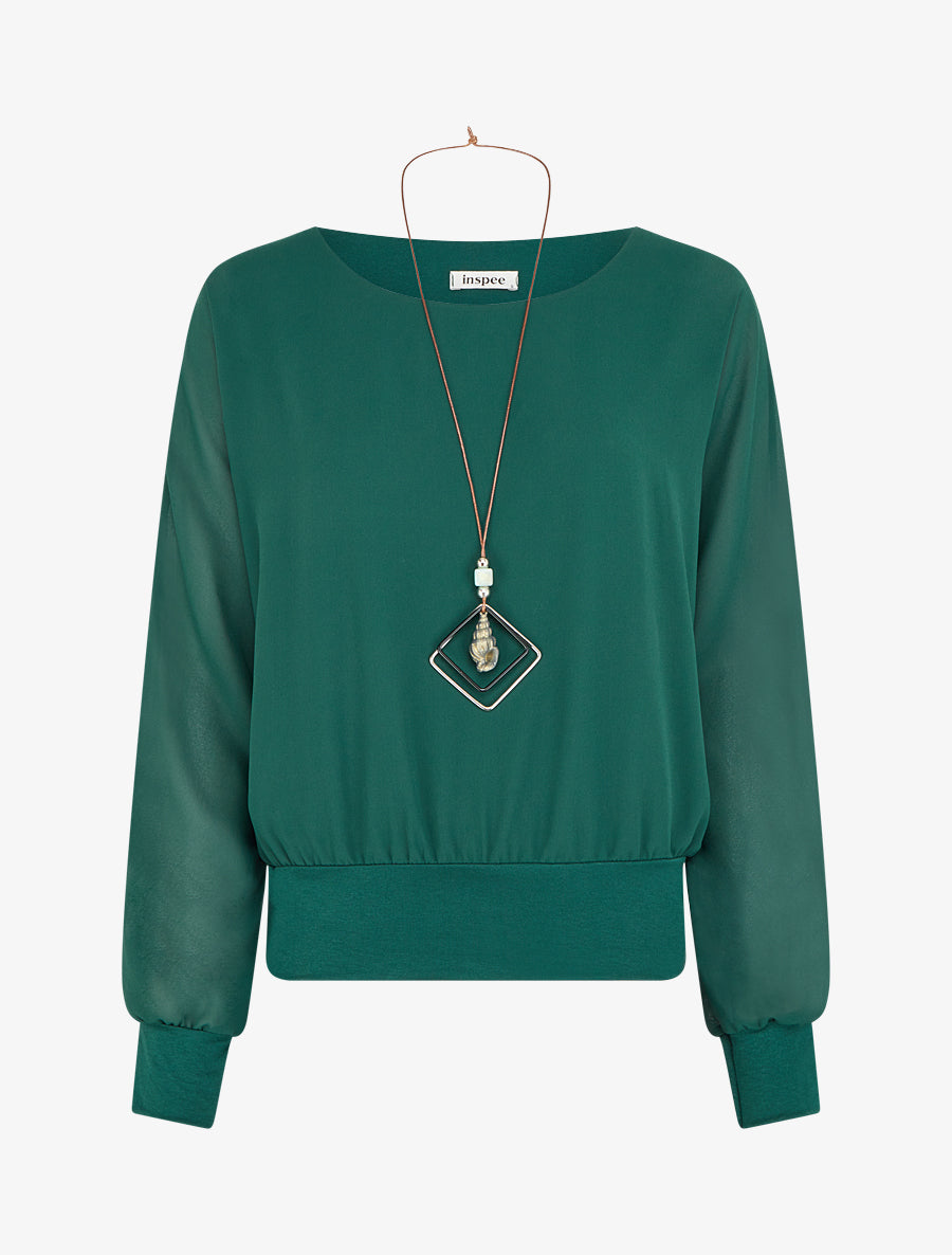 Blouse unie en voile à manches longues - Vert sapin - 1