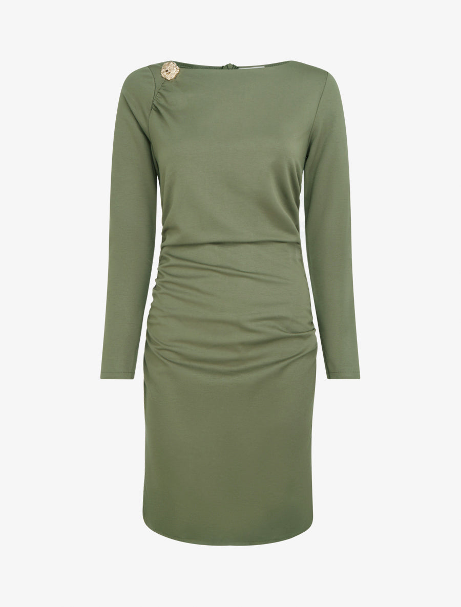 Robe droite à col bateau bijou - Kaki - 1