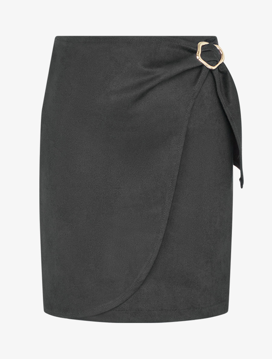 Jupe portefeuille en suédine à boucle - Noir - 1