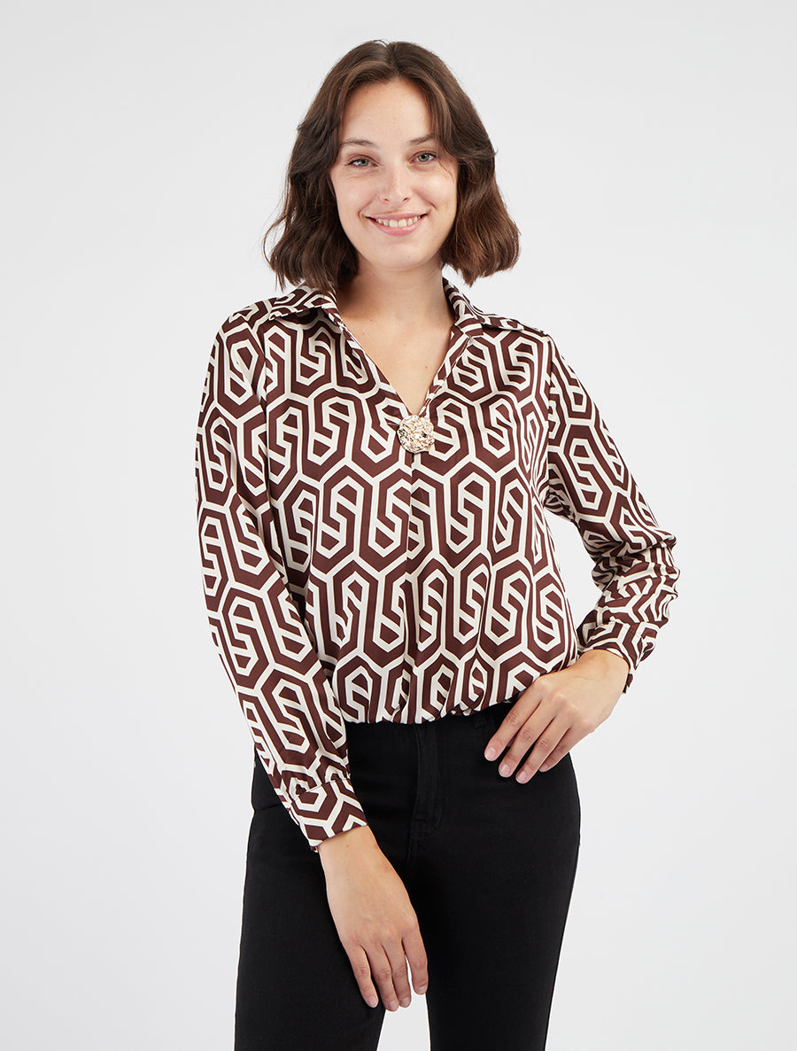 Satijnen blouse met retroprint - Bruin