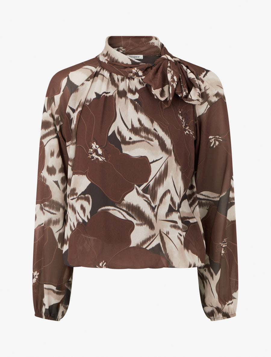 Blouse en voile imprimé floral à nouer - Marron - 1