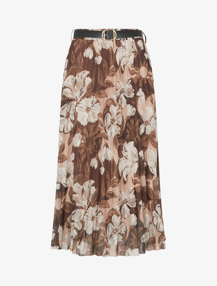 Jupe mi-longue plissée imprimé floral - Marron - 1
