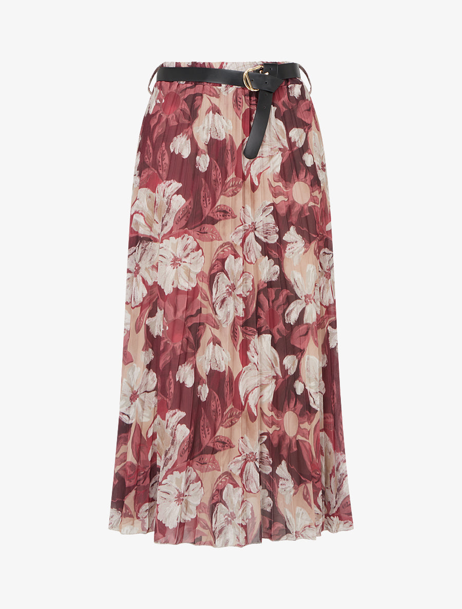 Jupe mi-longue plissée imprimé floral - Prune - 1