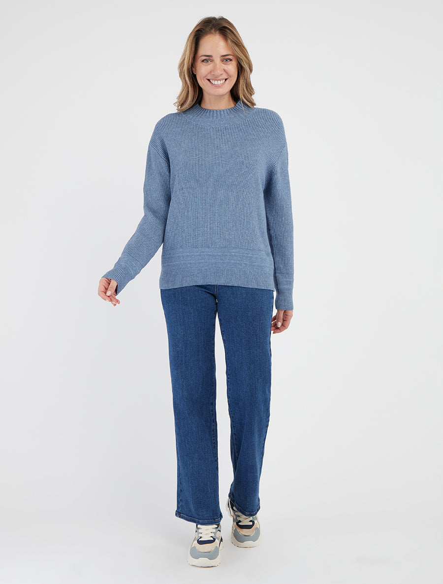 Pull droit uni côtelé - Bleu