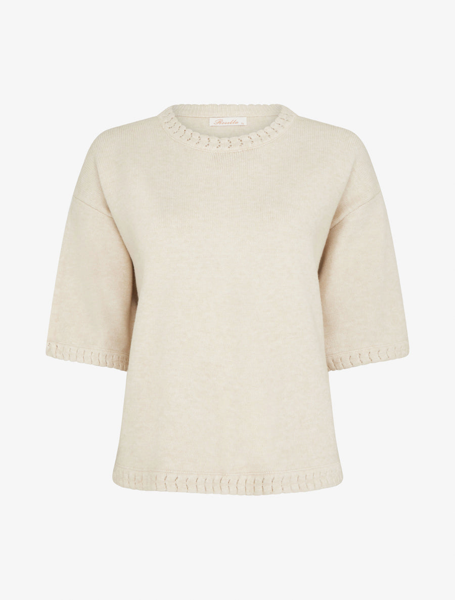 Pull uni en maille à col rond - Écru - 1