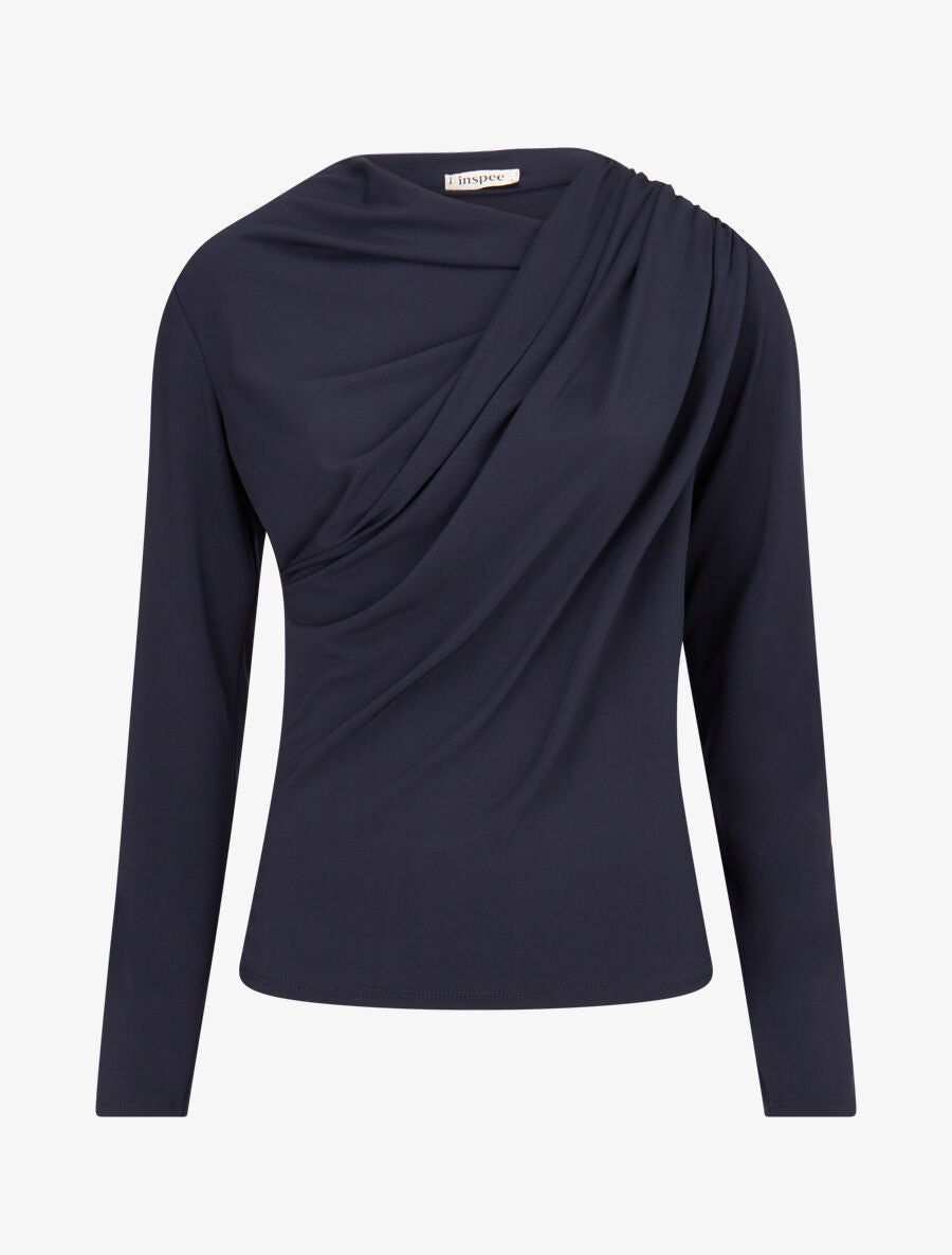 Top à col asymétrique plissé - Marine - 1