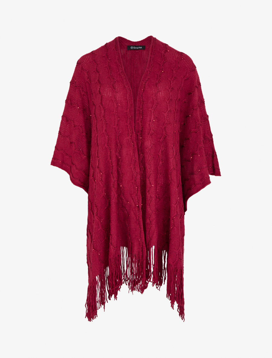 Poncho mi-long uni à franges et sequins - Lie de vin - 1