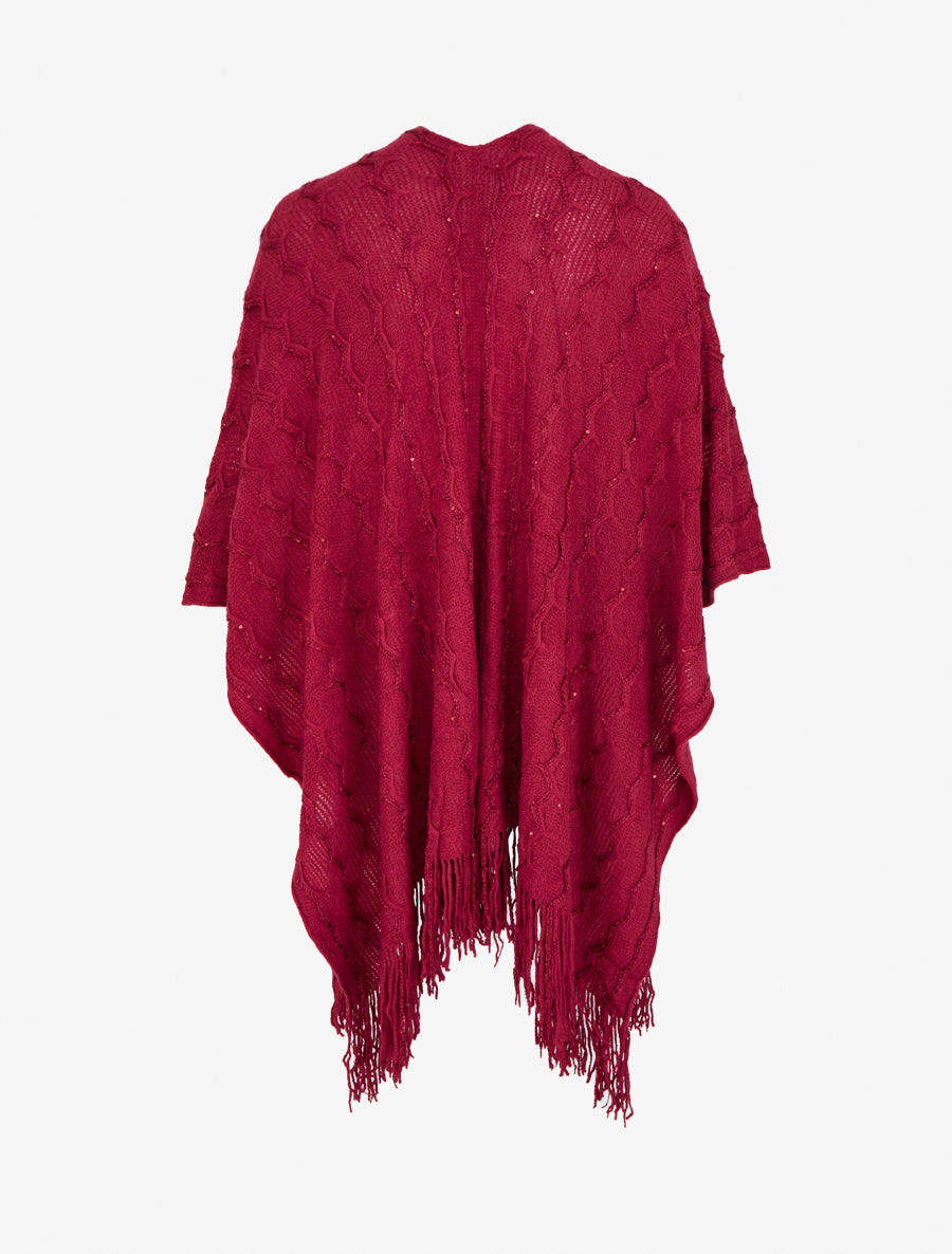 Poncho mi-long uni à franges et sequins - Lie de vin - 2