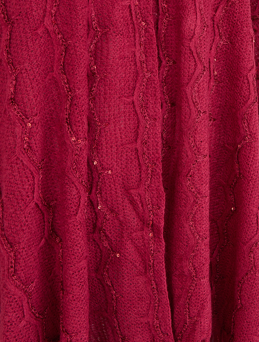 Poncho mi-long uni à franges et sequins - Lie de vin - 3