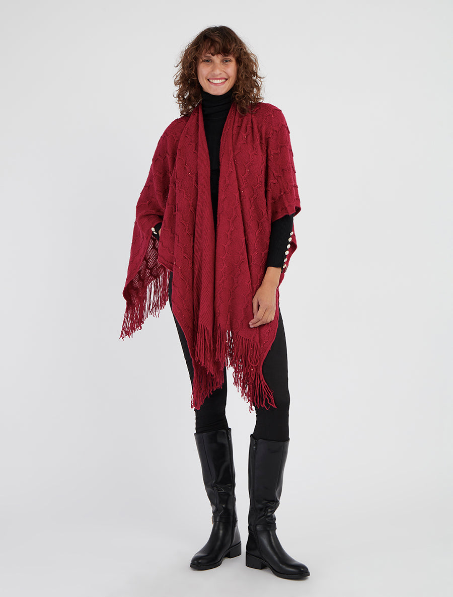 Poncho mi-long uni à franges et sequins - Lie de vin
