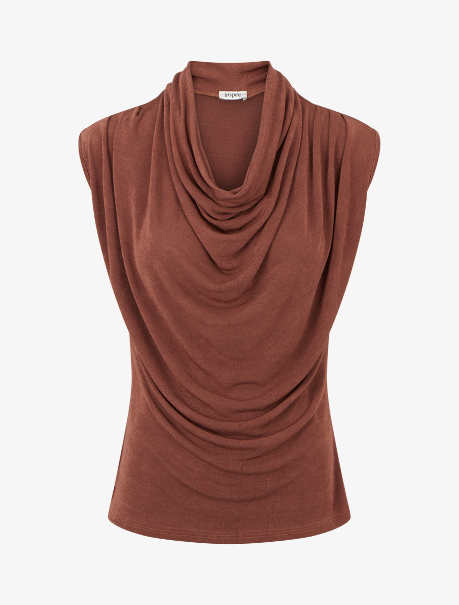 Top uni sans manches à col bénitier - Marron - 1