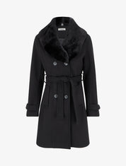 Manteau à col en fourrure synthétique amovible - Noir - 1