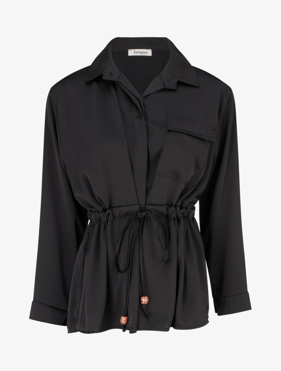 Chemise satinée ample à liens - Noir - 1