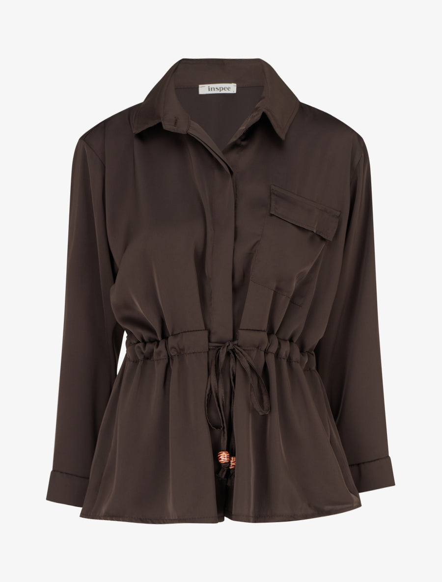 Chemise satinée ample à liens - Brun - 1
