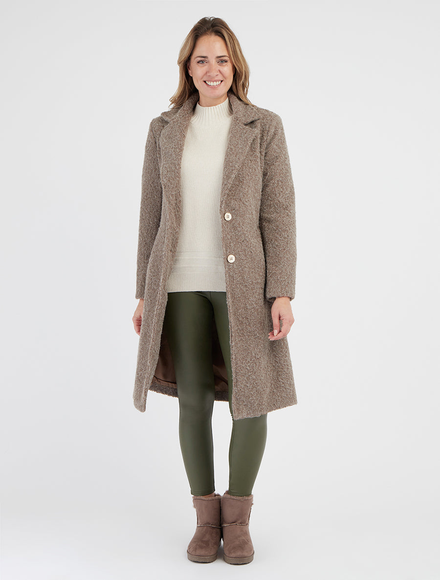 Manteau uni duveteux à col cranté - Taupe