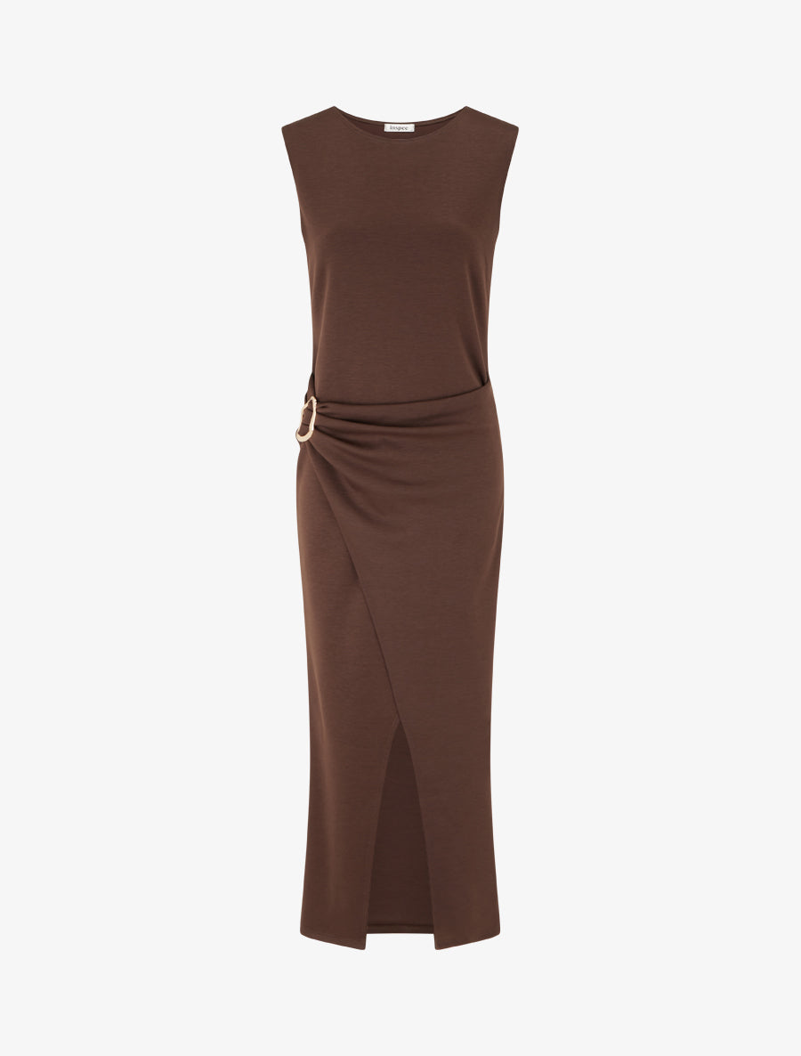 Robe longue fendue à empiècement bijou - Marron - 1