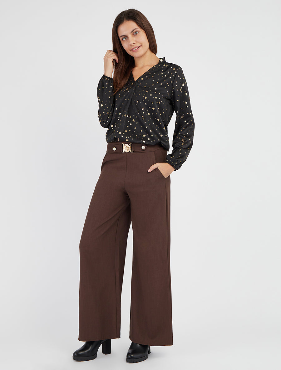 Pantalon droit à ceinture fantaisie - Marron - 8