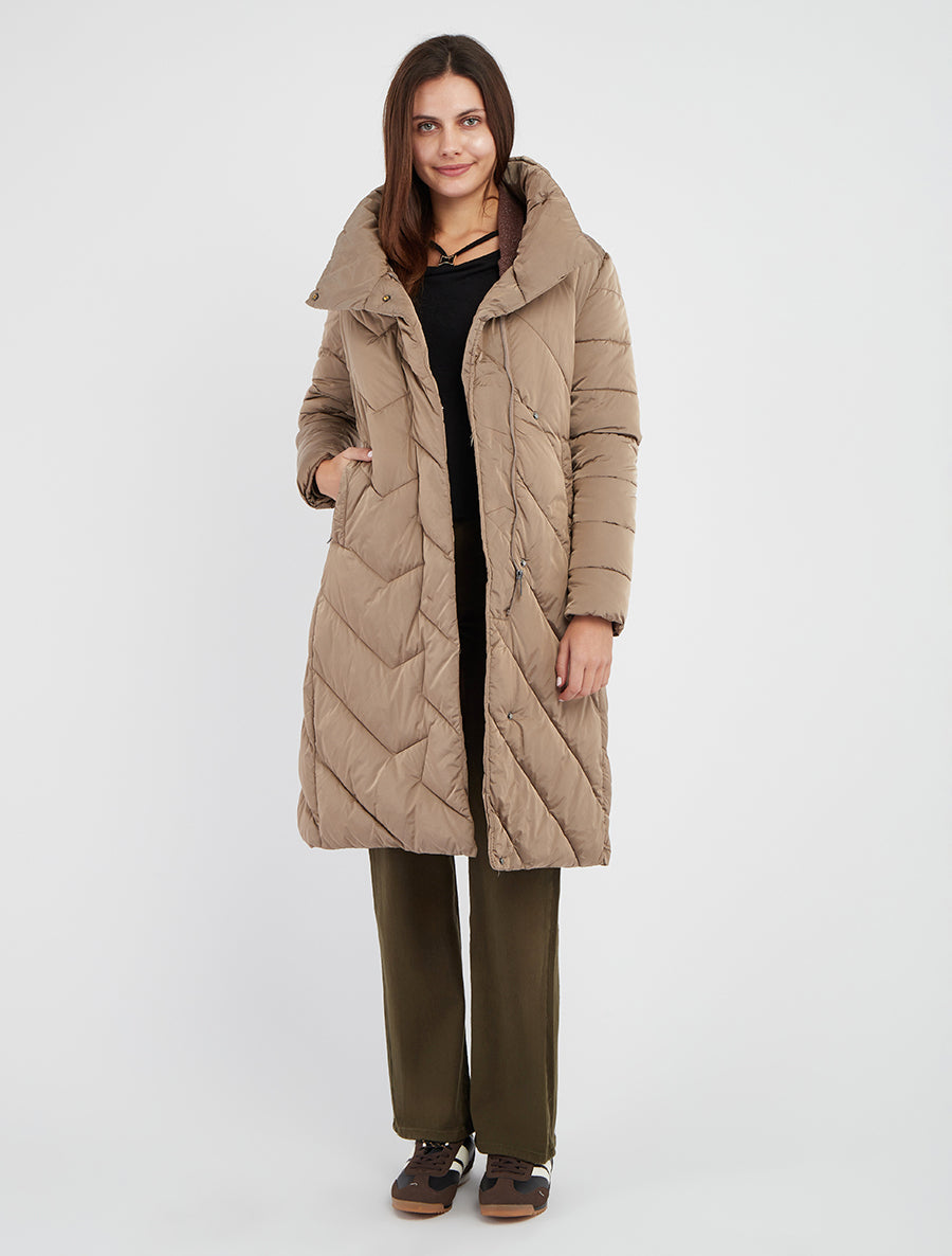 Doudoune longue à col montant - Taupe