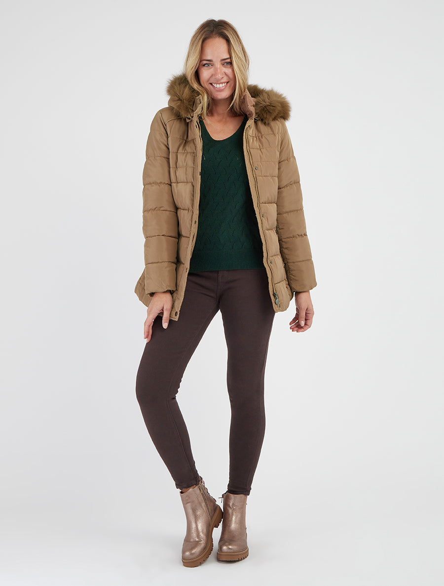 Doudoune ceinturée à capuche en fourrure synthétique - Camel