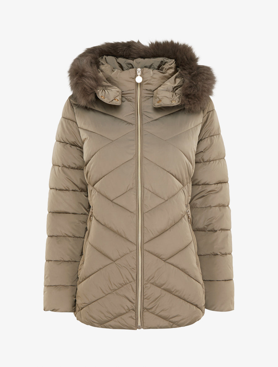 Doudoune matelassée à capuche fourrure synthétique - Taupe - 1