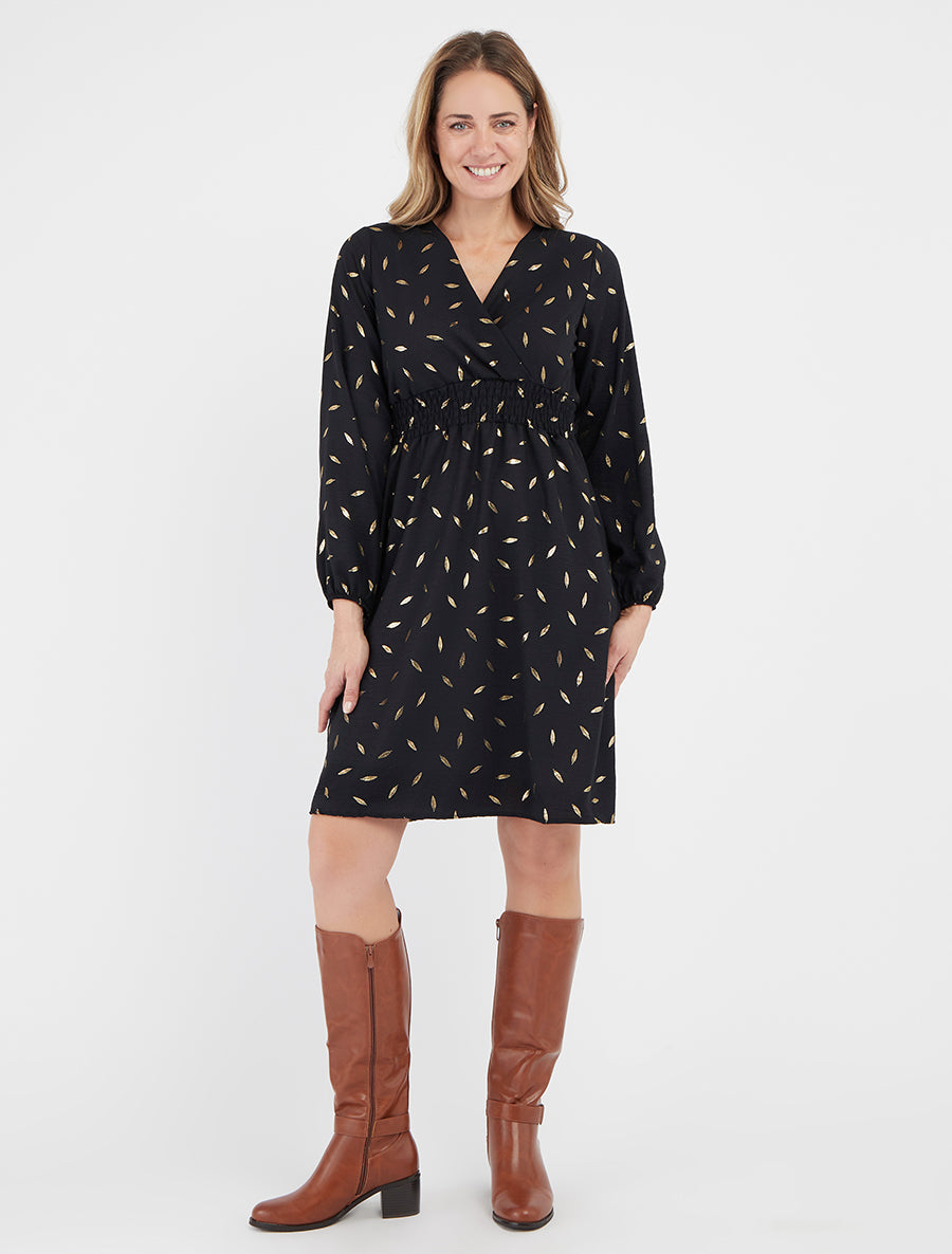 Uitlopende jurk met gouden verenprint - Zwart