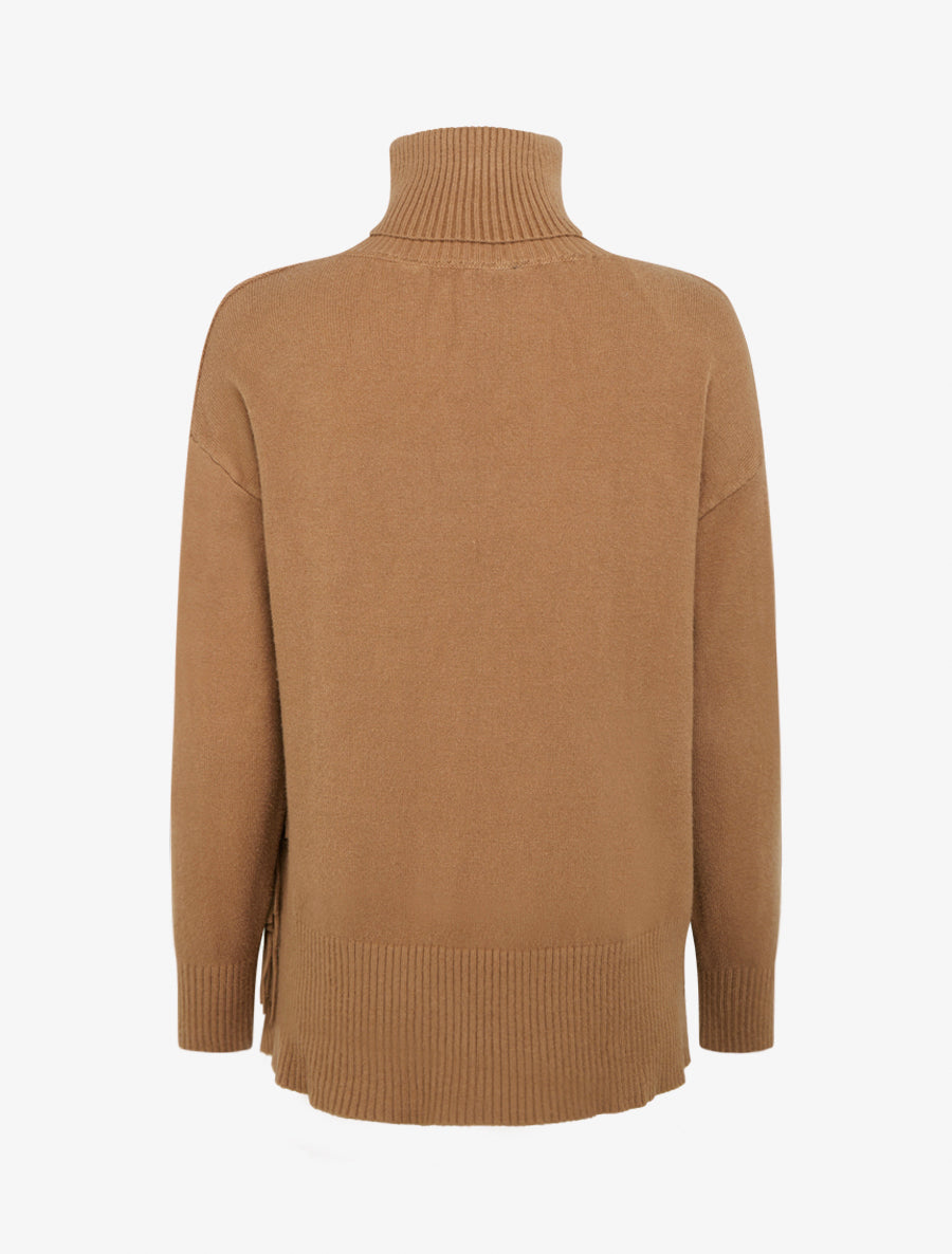 Pull uni à col roulé et franges - Camel - 2