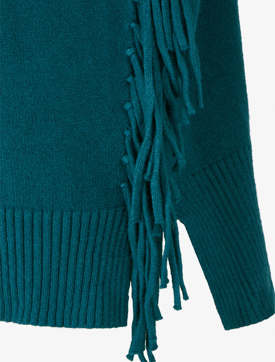 Pull uni à col roulé et franges - Bleu canard - 3