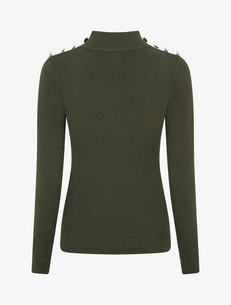 Pull ajusté à col montant et boutons - Kaki - 2