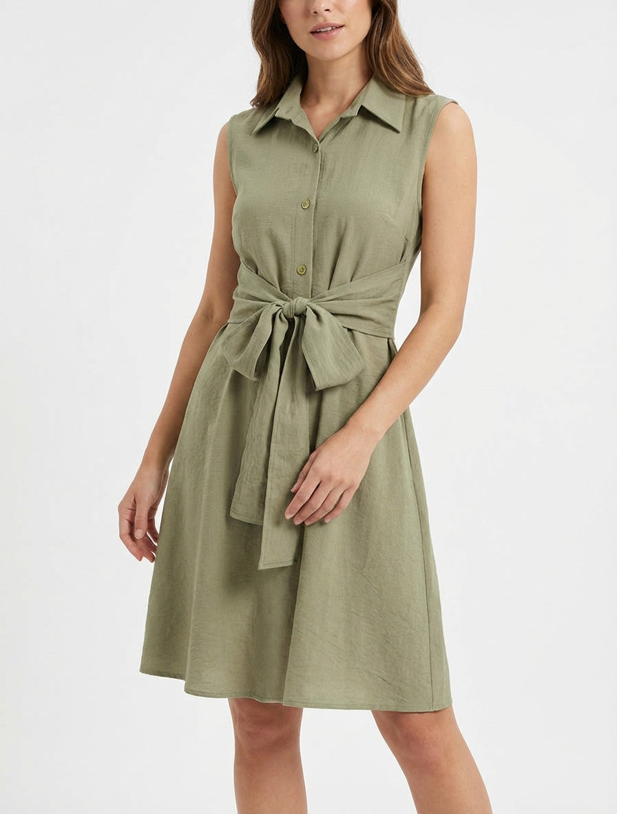 Robe chemise sans manches à liens à nouer - Vert olive