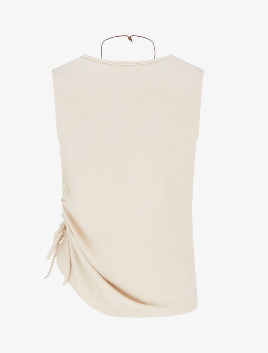 Top froncé sans manches à col rond - Beige - 2