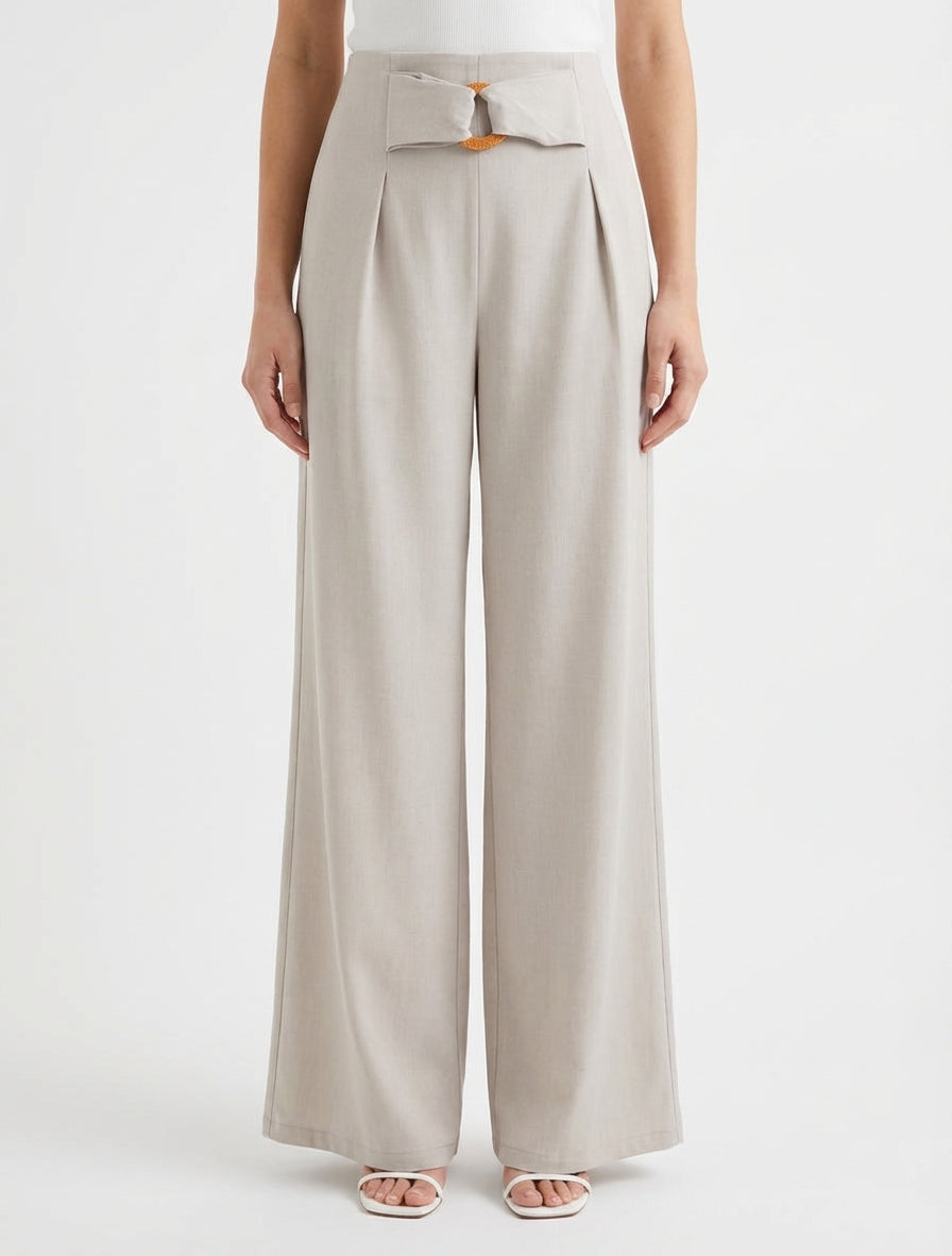Pantalon ample à taille haute à boucle fantaisie - Beige