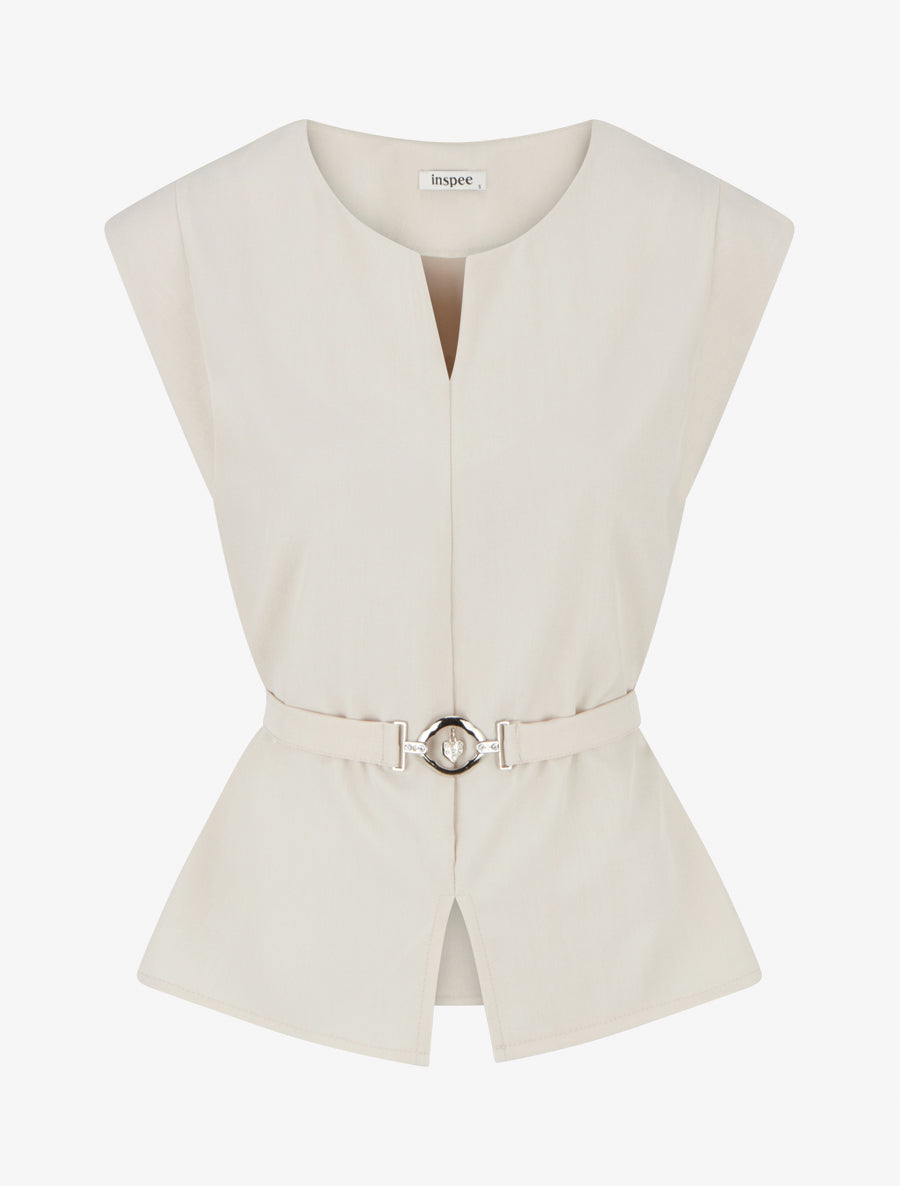 Top uni sans manches à empiècement bijou - Beige - 1