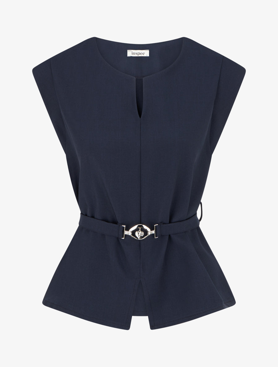 Top uni sans manches à empiècement bijou - Marine - 1