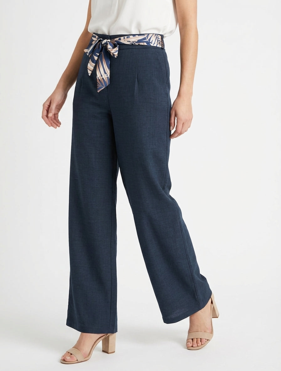 Rechte broek met linnen effect en ceintuur - Marine