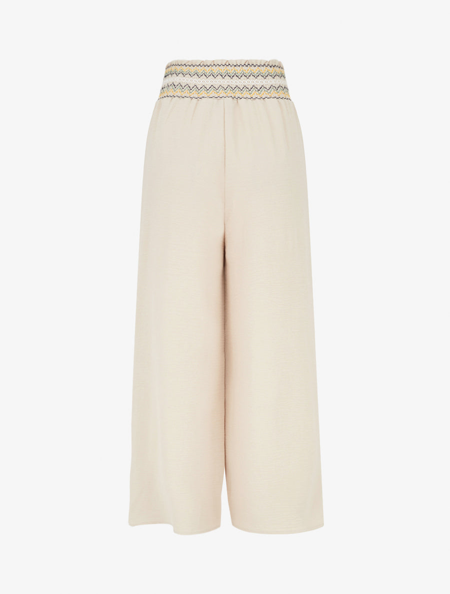 Pantalon droit à taille haute élastiquée - Beige - 2