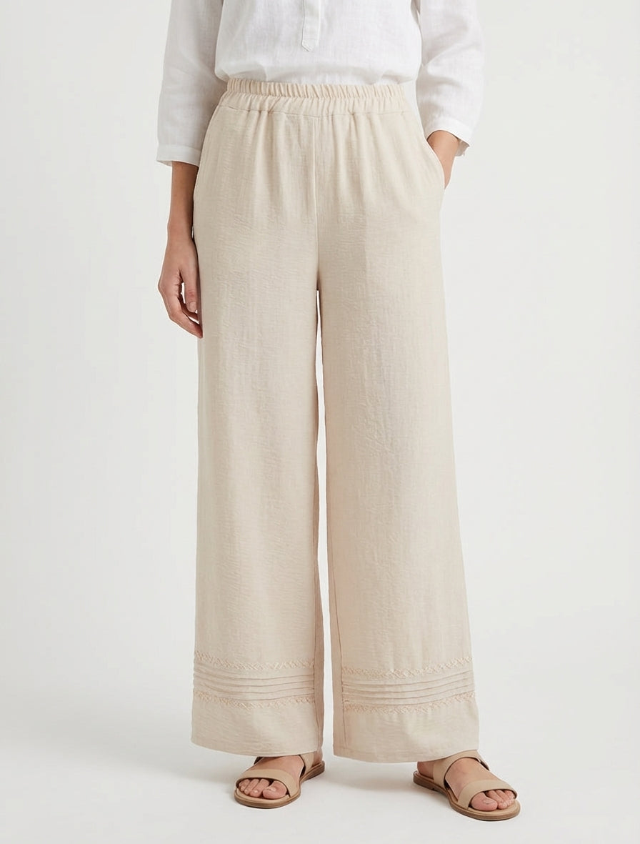 Pantalon ample à bords brodés - Beige
