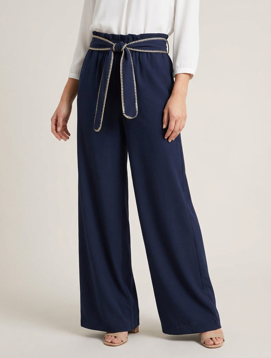 Pantalon ceinturé à détail irisé - Marine