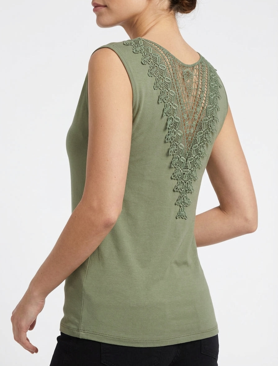 Top uni sans manches à broderie au dos - Kaki