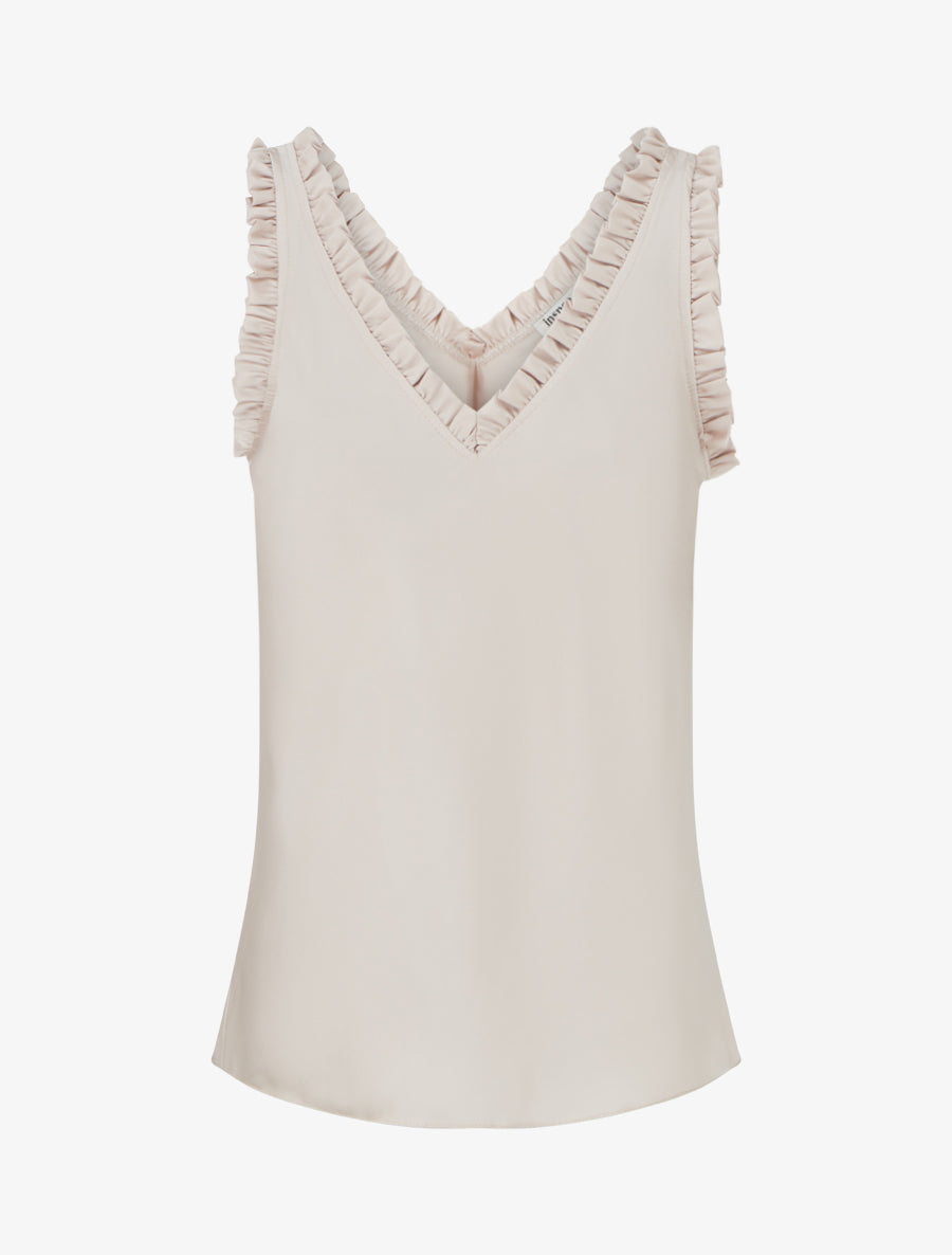 Top satiné sans manches à col volanté - Beige - 1