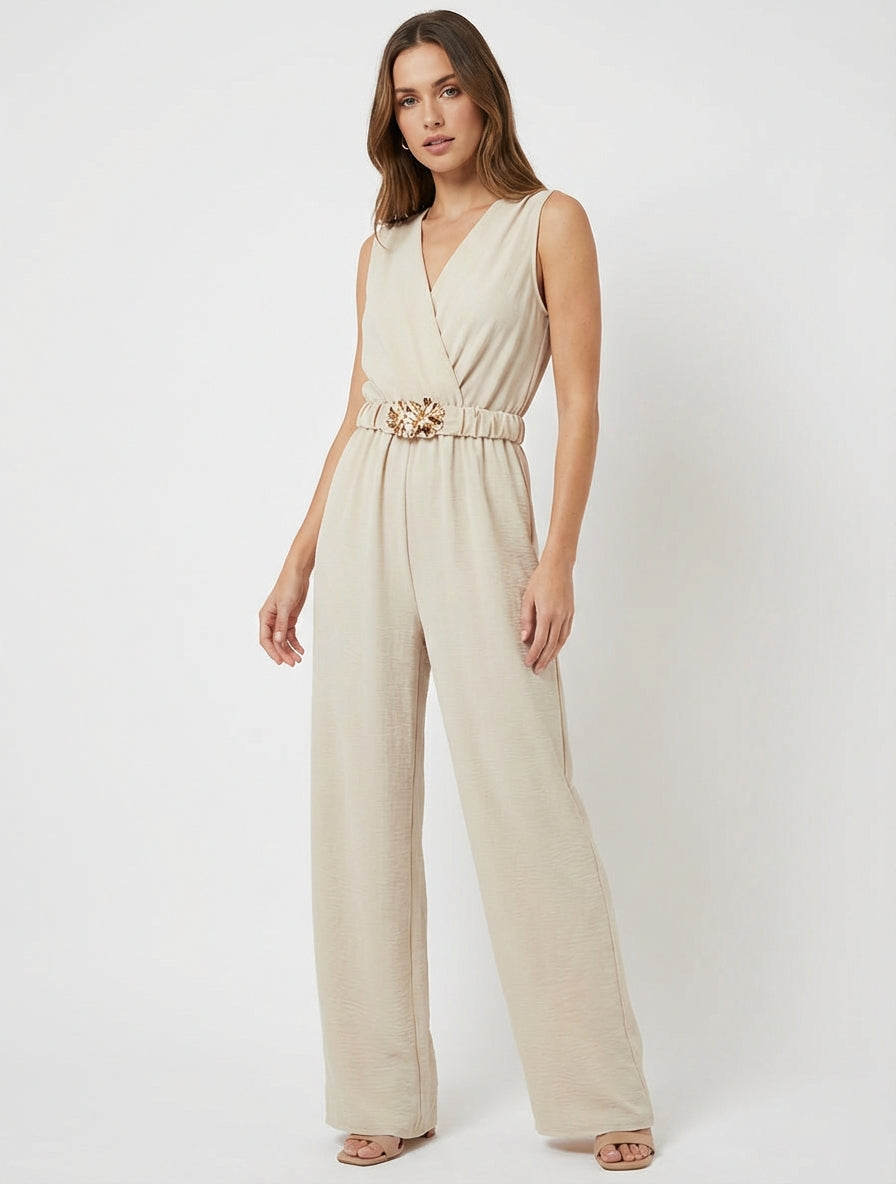 Combinaison sans manches à ceinture - Beige