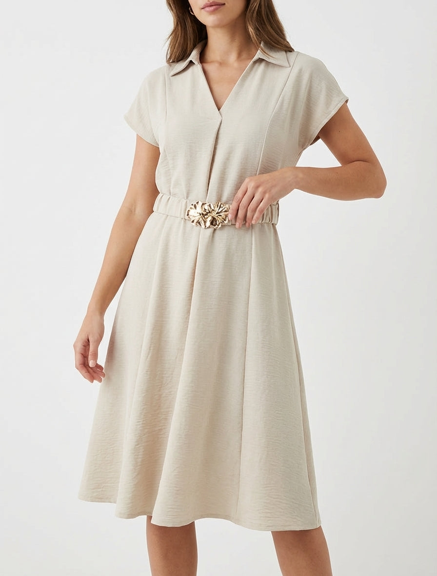 Robe fluide unie ceinturée - Beige