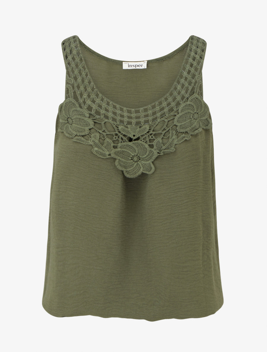 Top sans manches à dentelle et crochet - Kaki - 1