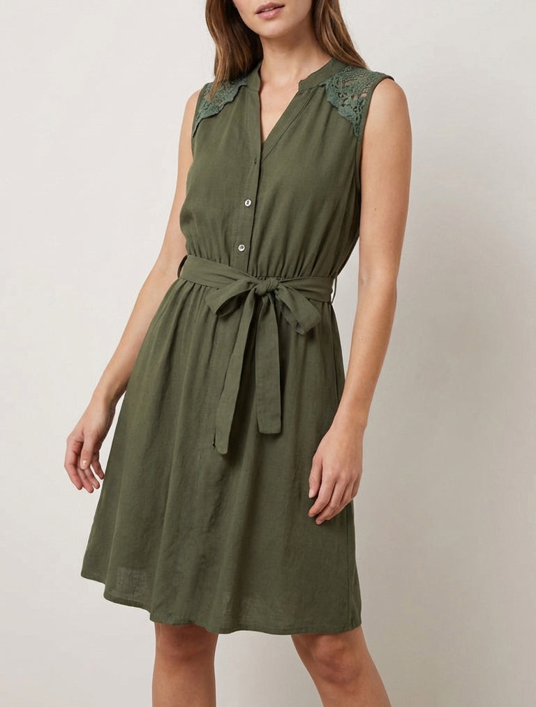 Robe mi-longue boutonnée sans manches - Kaki
