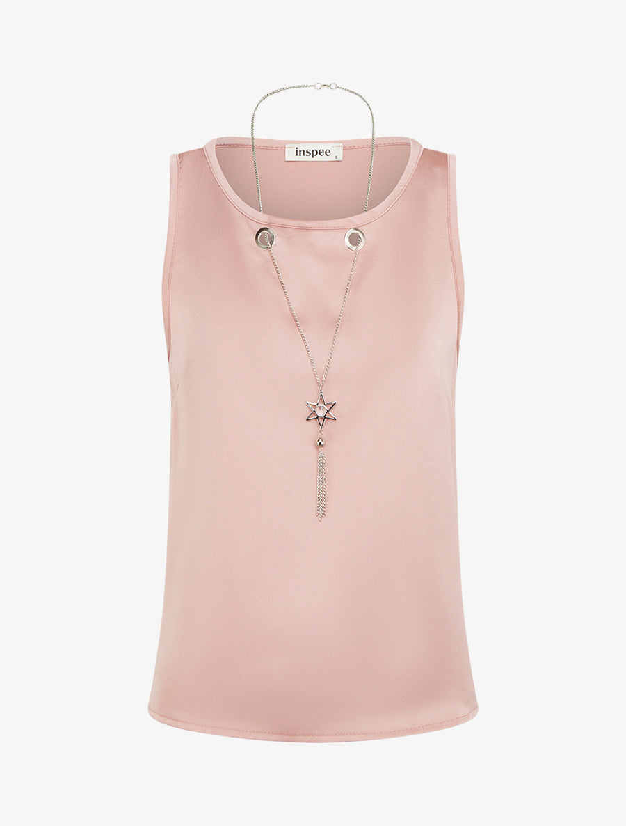 Top satiné sans manches à col bijou - Rose - 1