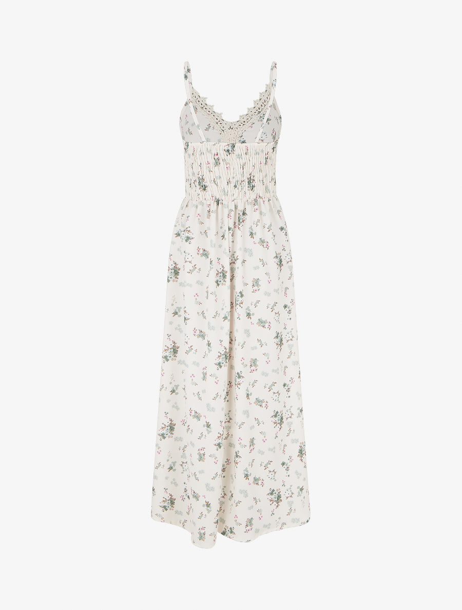 Robe longue imprimé petites fleurs à détail crochet - Kaki - 2