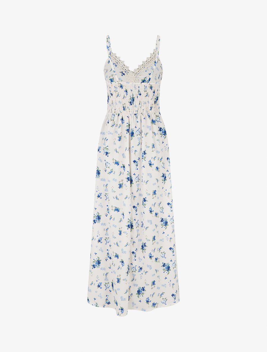 Robe longue imprimé petites fleurs à détail crochet - Bleu - 2