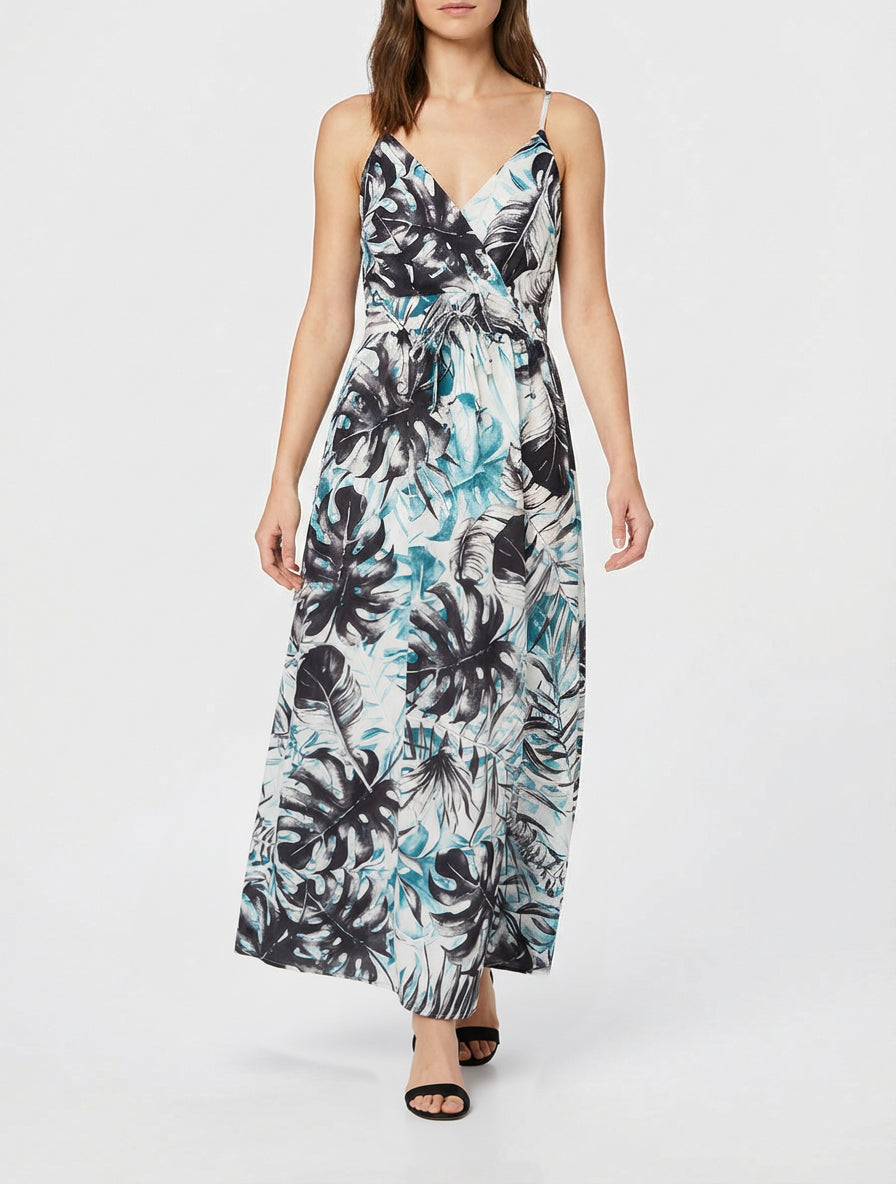 Robe longue à dos élastiqué imprimé feuillage - Noir