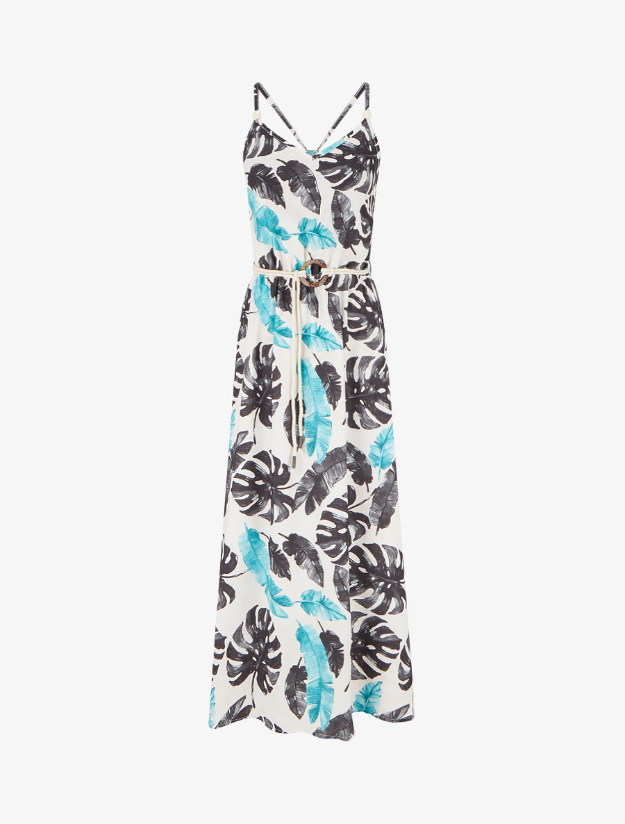 Robe longue imprimé feuillage à taille élastiquée - Noir - 1