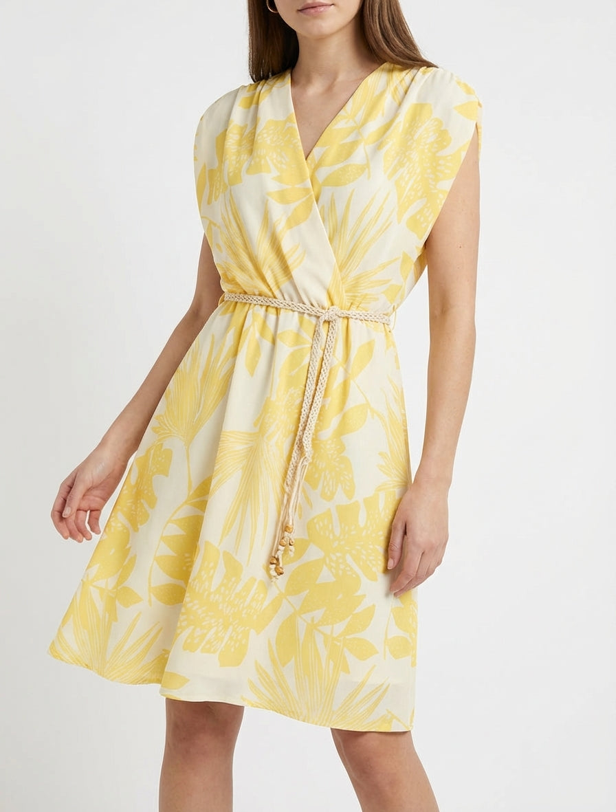 Robe mi-longue sans manches imprimé tropical - Jaune