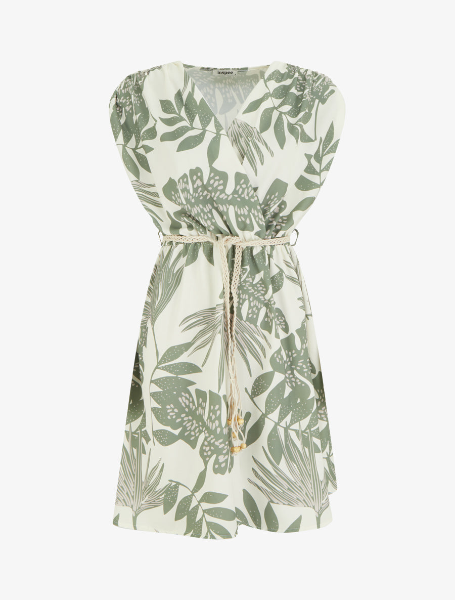 Robe mi-longue sans manches imprimé tropical - Kaki - 1